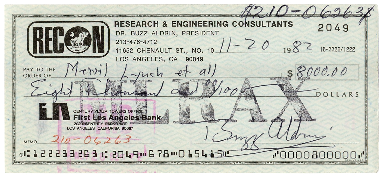 Buzz Aldrin Check Signed -- From Aldrin's RECON Engineering & Consulting Company